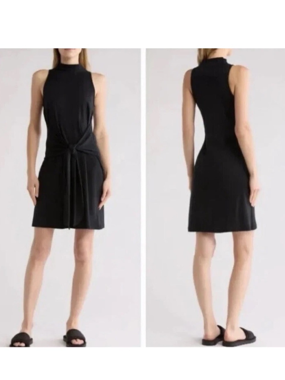 Vince Black Sleeveless Mock Neck Tie Waist Dress 100% Pima Cotton Size S
